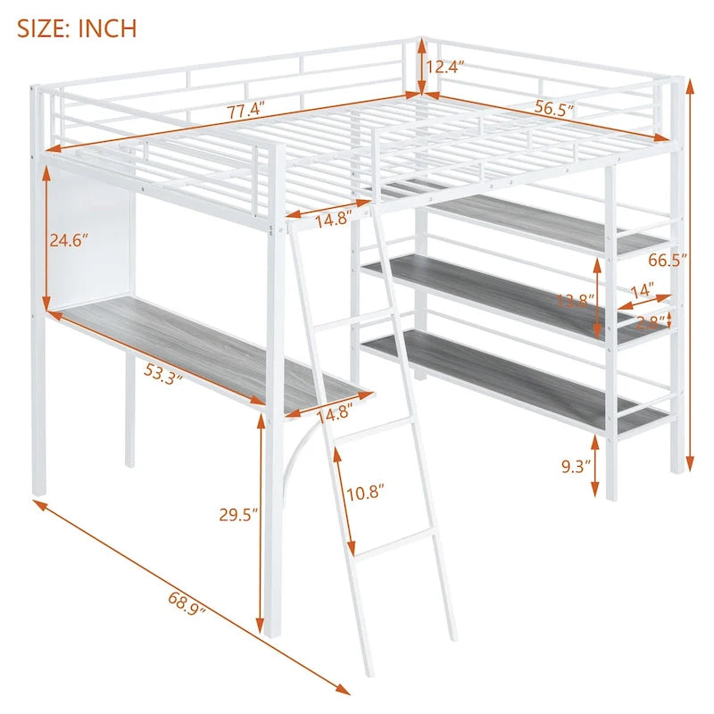 Lit mezzanine pleine grandeur en métal avec 3 étagères et bureau, lit élégant en métal avec tableau blanc