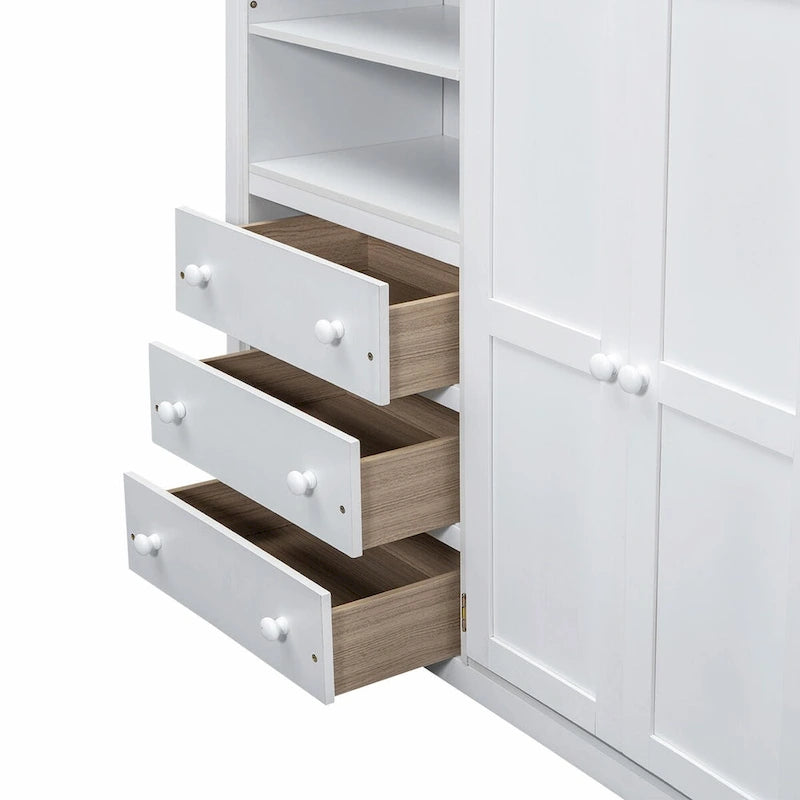 Lit mezzanine pleine grandeur avec armoire, bureau, étagères de rangement et tiroirs
