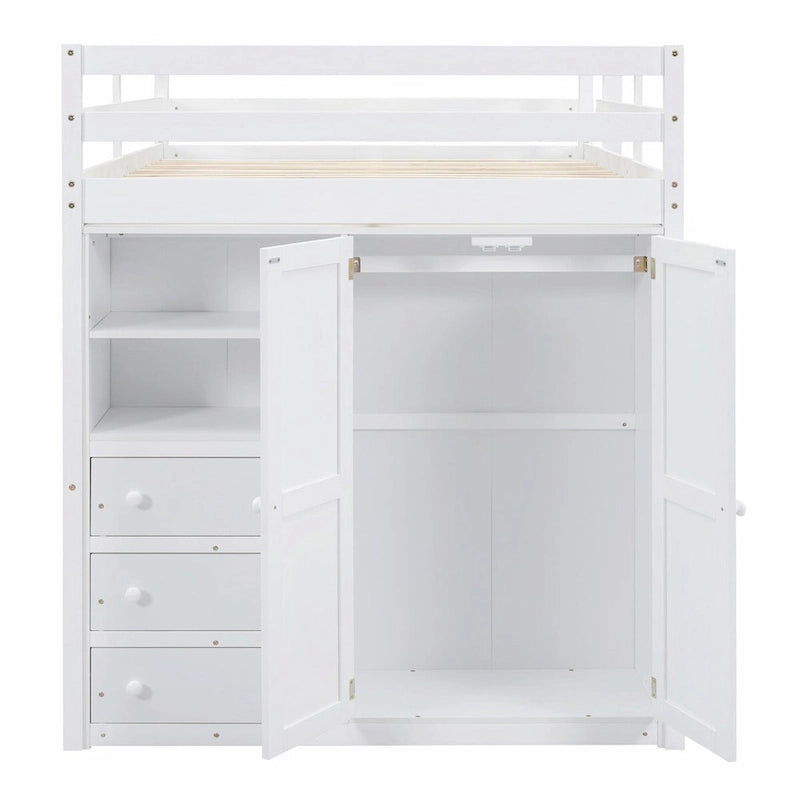 Lit mezzanine pleine grandeur avec armoire, bureau, étagères de rangement et tiroirs