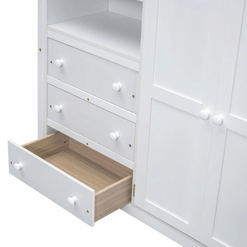 Lit mezzanine pleine grandeur avec armoire, bureau, étagères de rangement et tiroirs