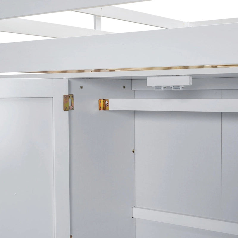 Lit mezzanine pleine grandeur avec armoire, bureau, étagères de rangement et tiroirs