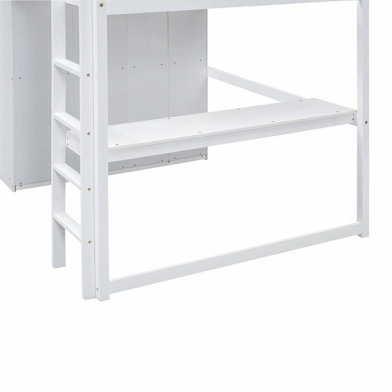 Lit mezzanine pleine grandeur avec armoire, bureau, étagères de rangement et tiroirs