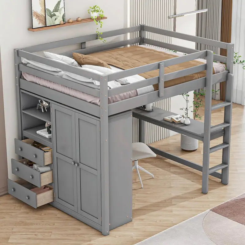 Lit mezzanine pleine grandeur avec armoire, bureau, étagères de rangement et tiroirs