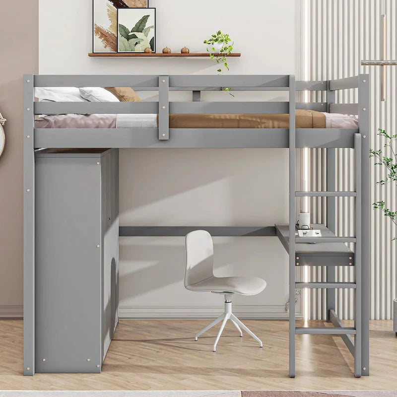 Lit mezzanine pleine grandeur avec armoire, bureau, étagères de rangement et tiroirs