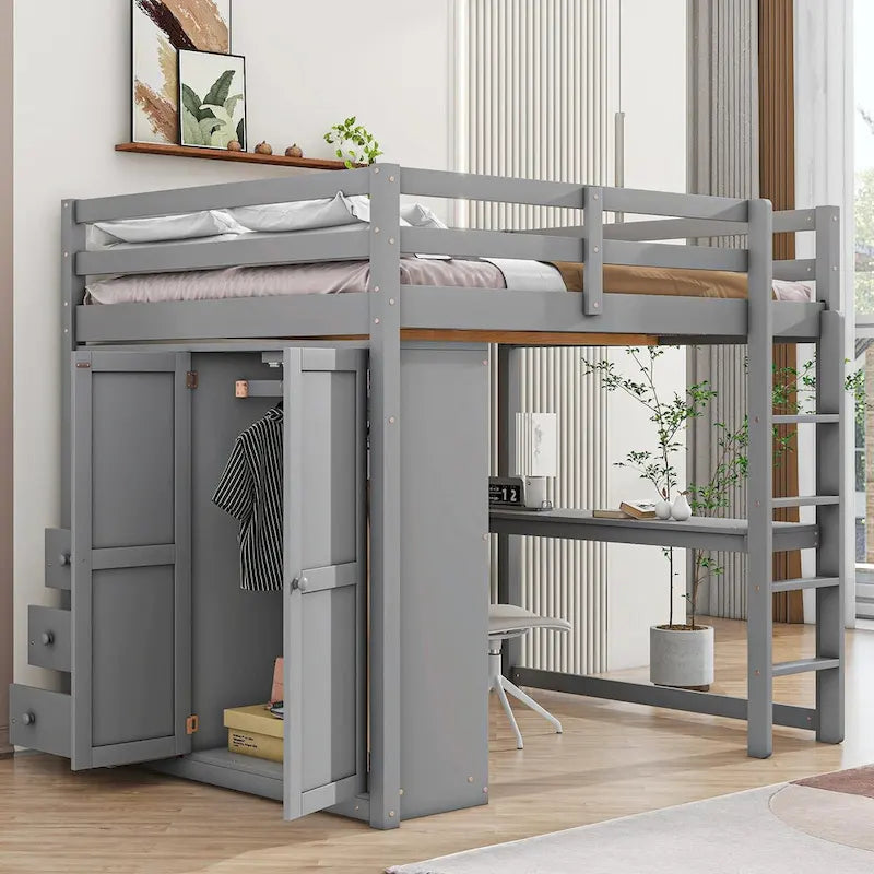 Lit mezzanine pleine grandeur avec armoire, bureau, étagères de rangement et tiroirs