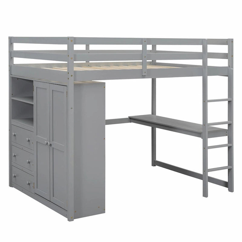 Lit mezzanine pleine grandeur avec armoire, bureau, étagères de rangement et tiroirs