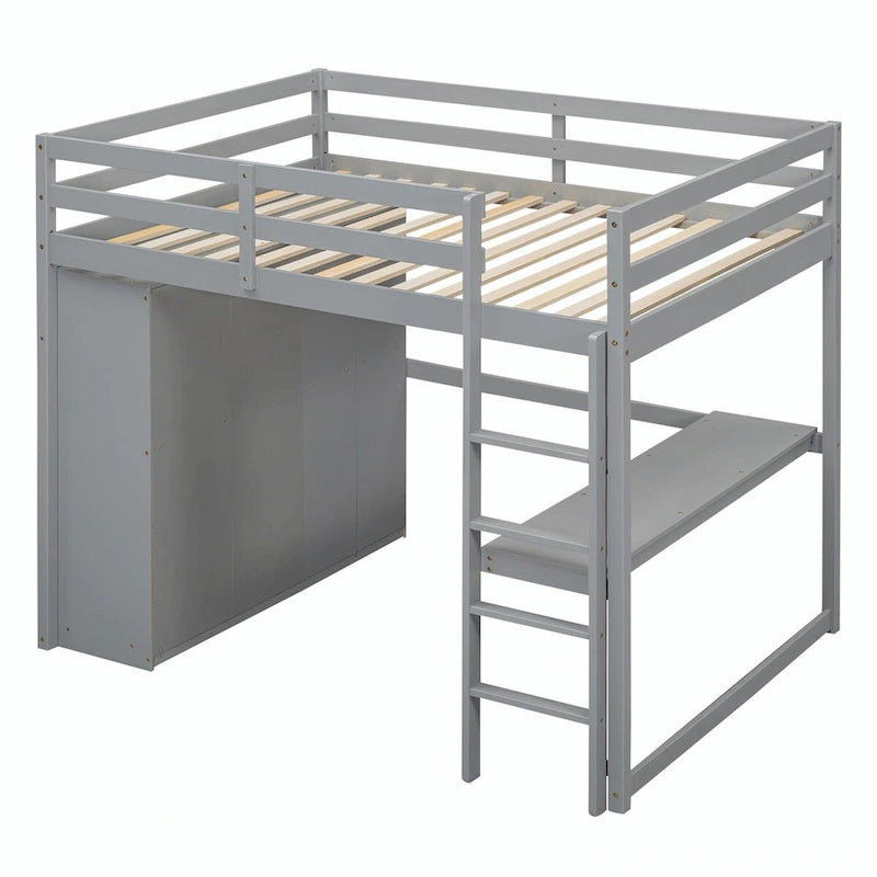 Lit mezzanine pleine grandeur avec armoire, bureau, étagères de rangement et tiroirs