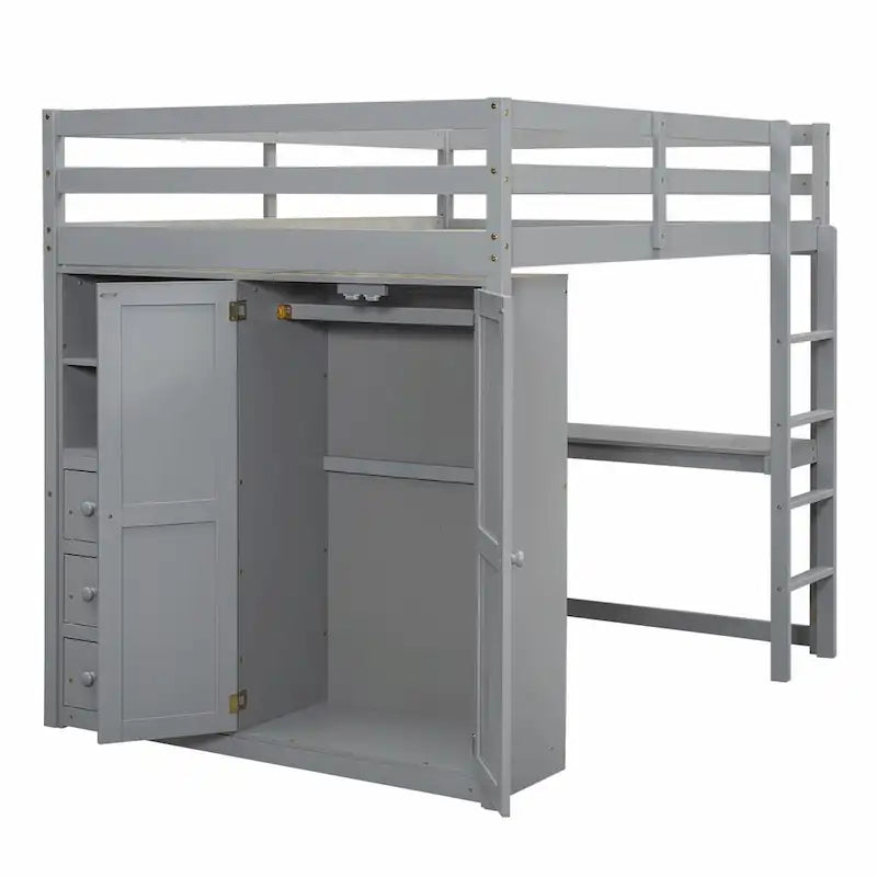 Lit mezzanine pleine grandeur avec armoire, bureau, étagères de rangement et tiroirs