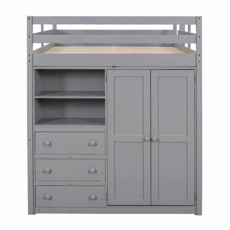 Lit mezzanine pleine grandeur avec armoire, bureau, étagères de rangement et tiroirs