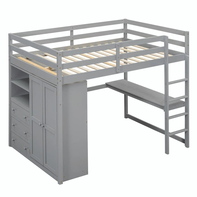 Lit mezzanine pleine grandeur avec armoire, bureau, étagères de rangement et tiroirs