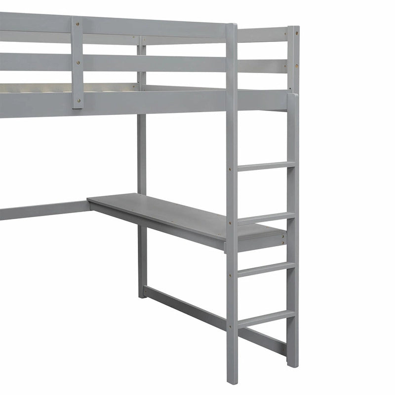 Lit mezzanine pleine grandeur avec armoire, bureau, étagères de rangement et tiroirs
