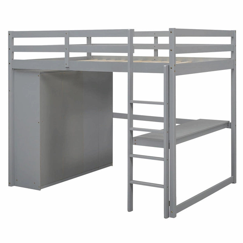 Lit mezzanine pleine grandeur avec armoire, bureau, étagères de rangement et tiroirs