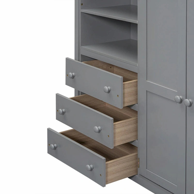Lit mezzanine pleine grandeur avec armoire, bureau, étagères de rangement et tiroirs