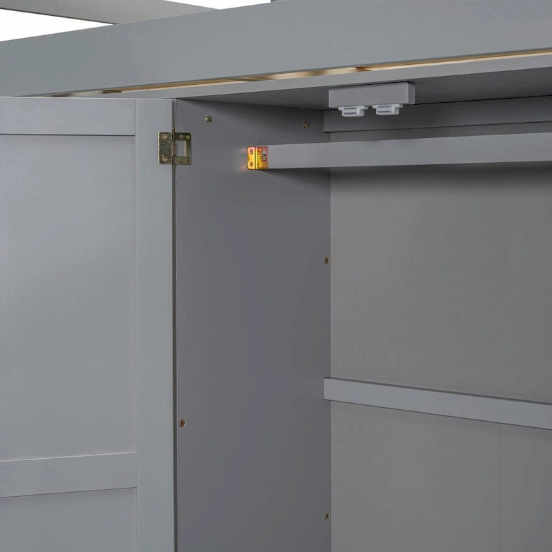 Lit mezzanine pleine grandeur avec armoire, bureau, étagères de rangement et tiroirs