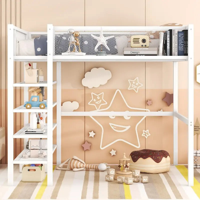 Lit mezzanine en métal pleine grandeur avec étagères de rangement à 4 niveaux
