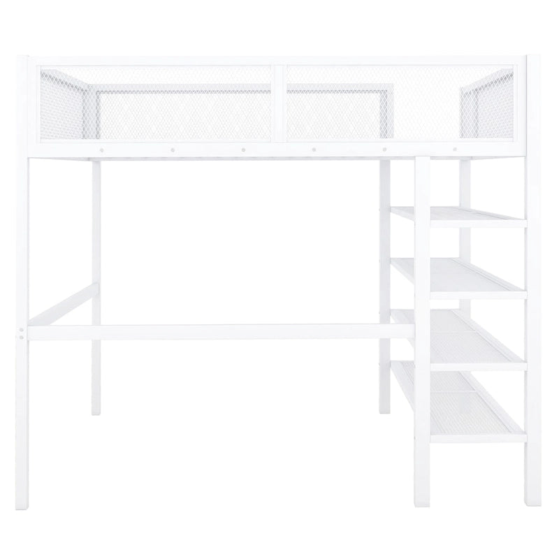 Lit mezzanine en métal pleine grandeur avec étagères de rangement à 4 niveaux