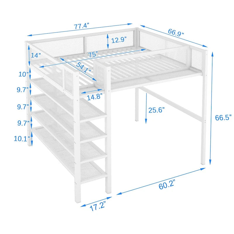 Lit mezzanine en métal pleine grandeur avec étagères de rangement à 4 niveaux