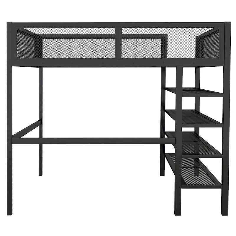 Lit mezzanine en métal pleine grandeur avec étagères de rangement à 4 niveaux