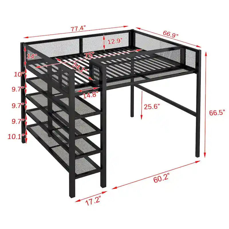 Lit mezzanine en métal pleine grandeur avec étagères de rangement à 4 niveaux