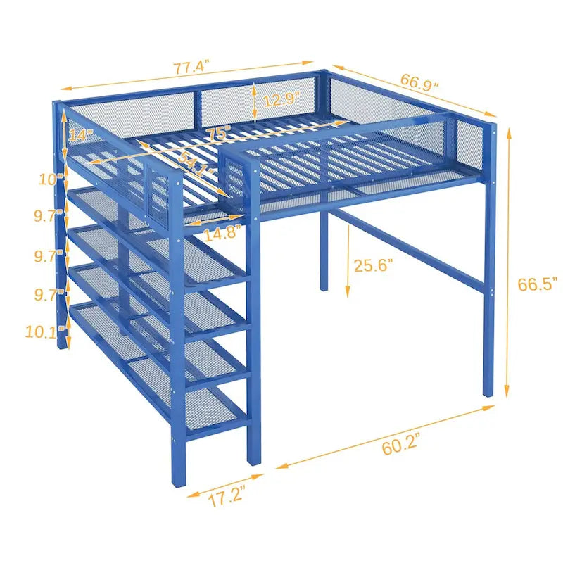 Lit mezzanine en métal pleine grandeur avec étagères de rangement à 4 niveaux