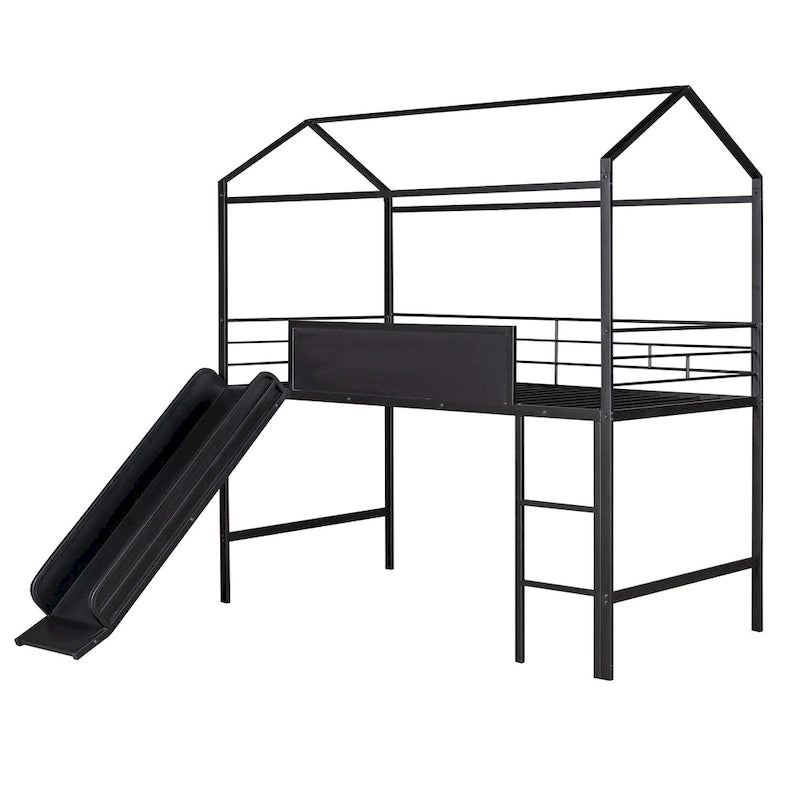 Lit cabane en métal avec toboggan, lit mezzanine en métal avec tableau en bois double face inscriptible