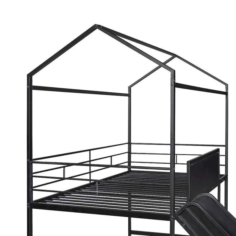 Lit cabane en métal avec toboggan, lit mezzanine en métal avec tableau en bois double face inscriptible