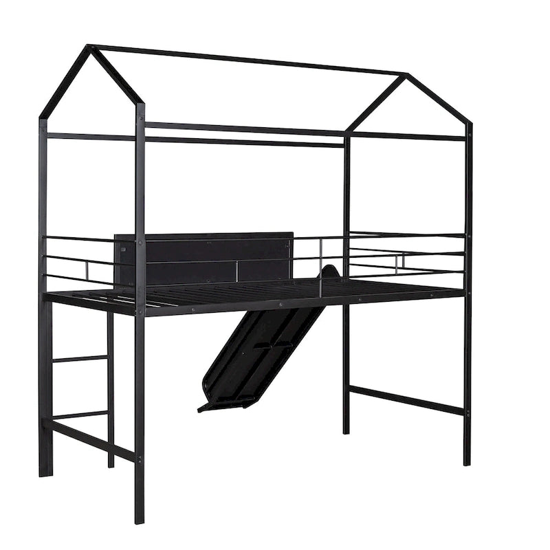 Lit cabane en métal avec toboggan, lit mezzanine en métal avec tableau en bois double face inscriptible