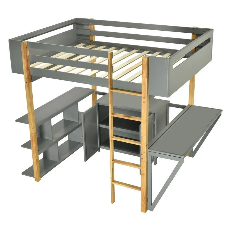 Lit mezzanine en bois pleine taille avec armoire de rangement intégrée et casiers, bureau pliant