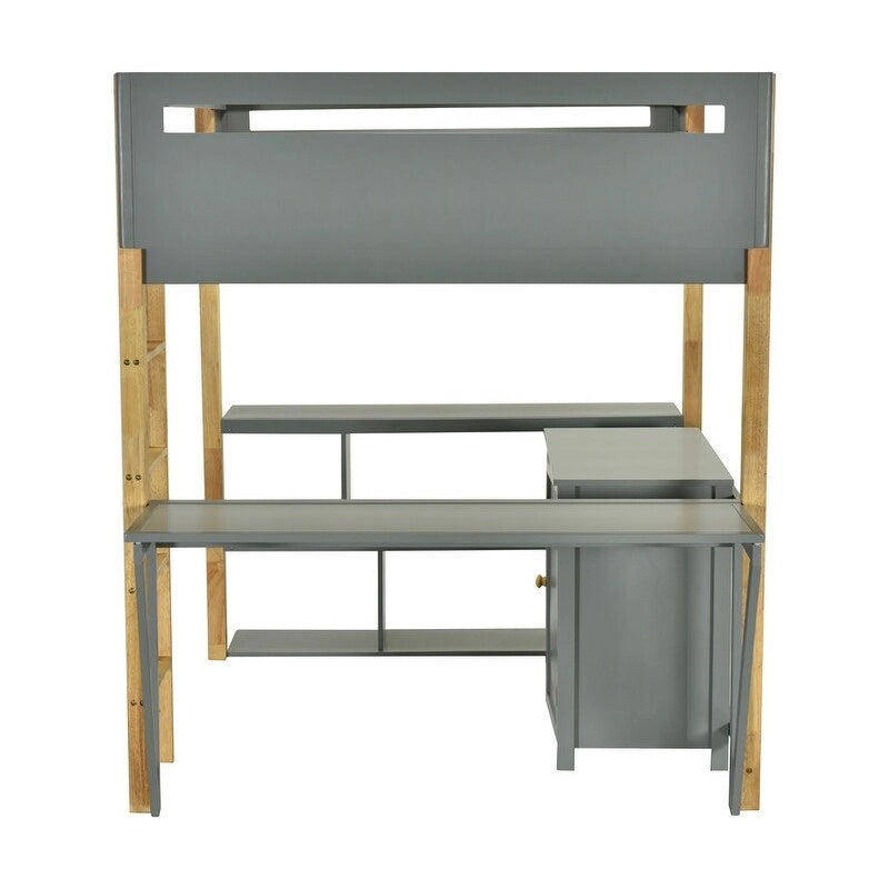 Lit mezzanine en bois pleine taille avec armoire de rangement intégrée et casiers, bureau pliant