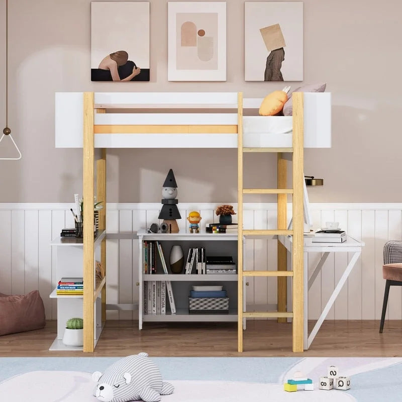 Lit mezzanine en bois pleine taille avec armoire de rangement intégrée et casiers, bureau pliant