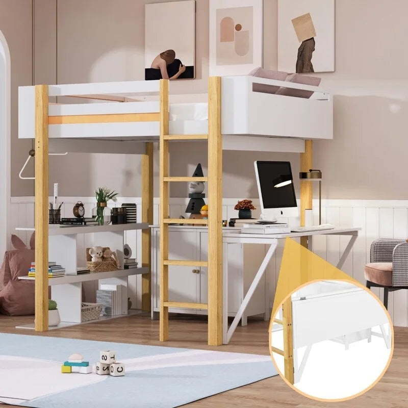 Lit mezzanine en bois pleine taille avec armoire de rangement intégrée et casiers, bureau pliant