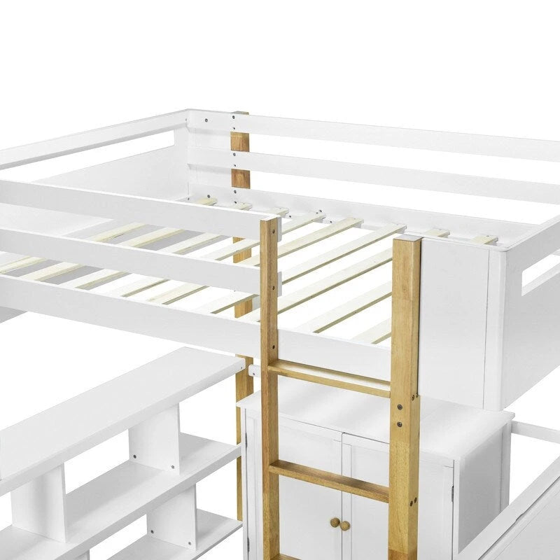 Lit mezzanine en bois pleine taille avec armoire de rangement intégrée et casiers, bureau pliant