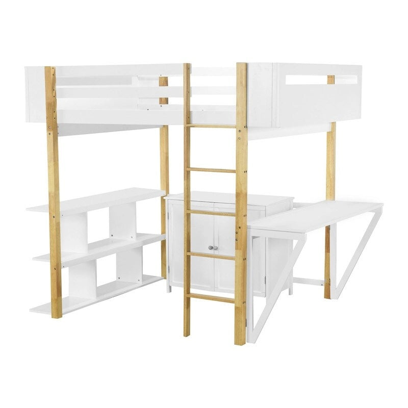 Lit mezzanine en bois pleine taille avec armoire de rangement intégrée et casiers, bureau pliant