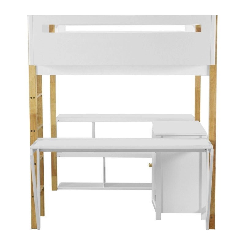 Lit mezzanine en bois pleine taille avec armoire de rangement intégrée et casiers, bureau pliant