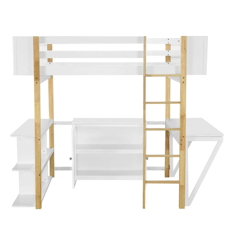 Lit mezzanine en bois pleine taille avec armoire de rangement intégrée et casiers, bureau pliant