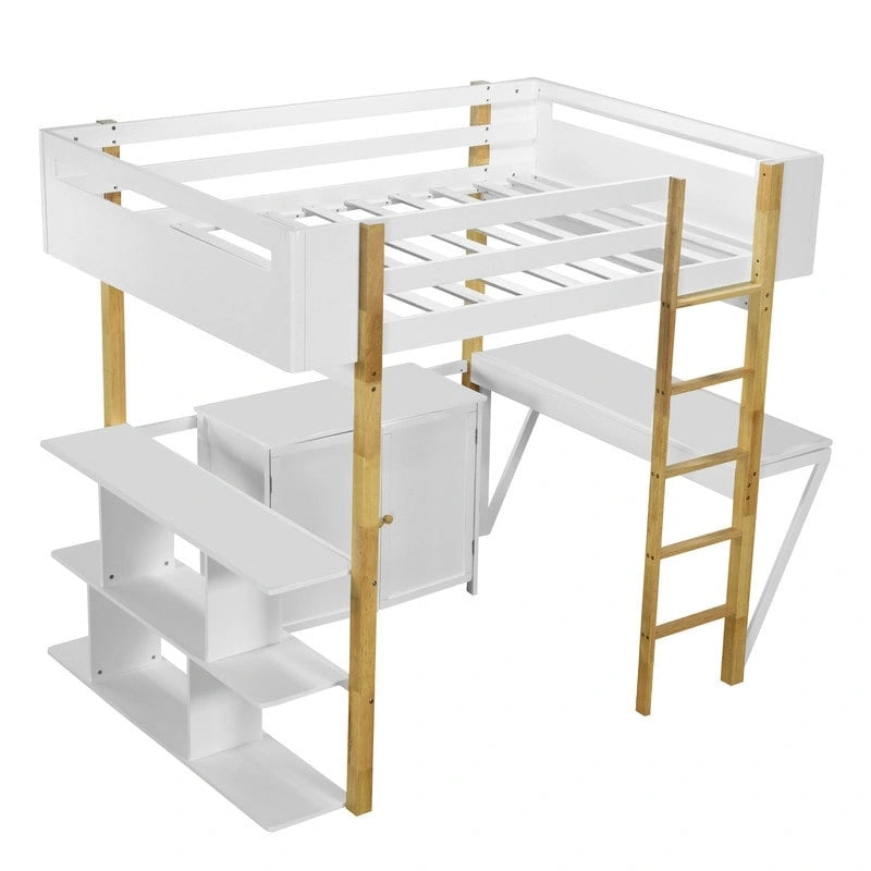 Lit mezzanine en bois pleine taille avec armoire de rangement intégrée et casiers, bureau pliant