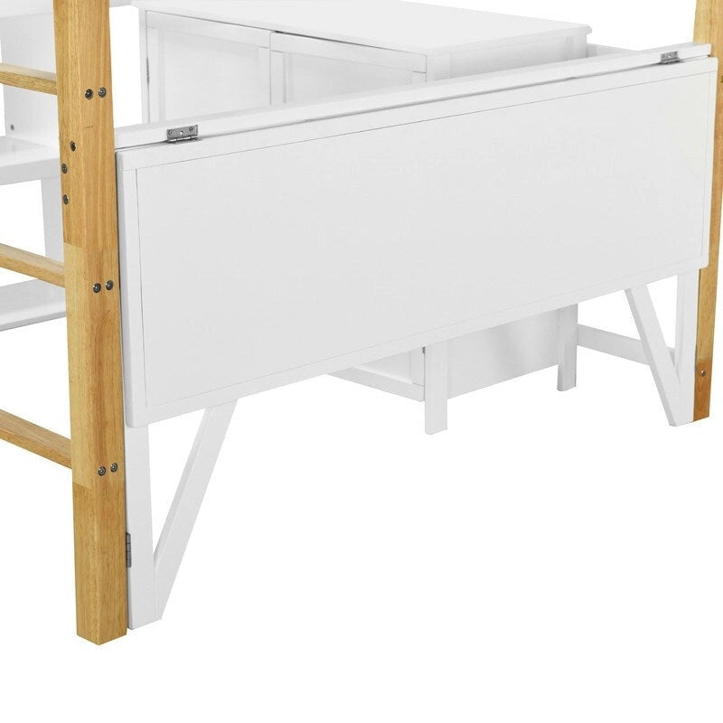 Lit mezzanine en bois pleine taille avec armoire de rangement intégrée et casiers, bureau pliant