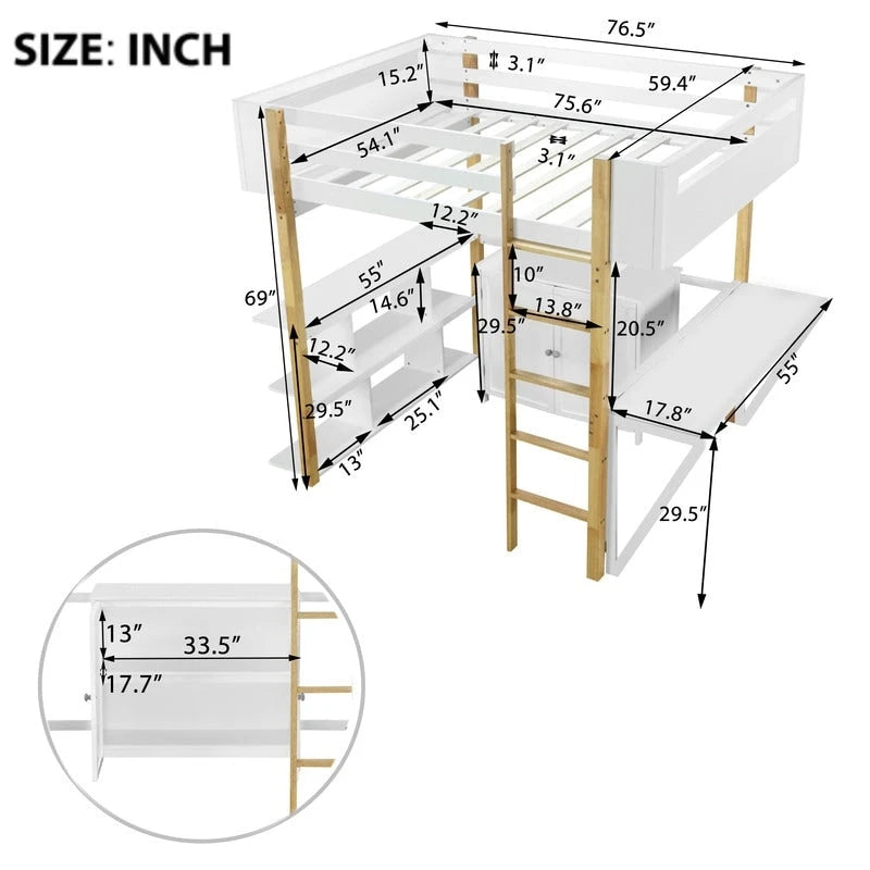 Lit mezzanine en bois pleine taille avec armoire de rangement intégrée et casiers, bureau pliant