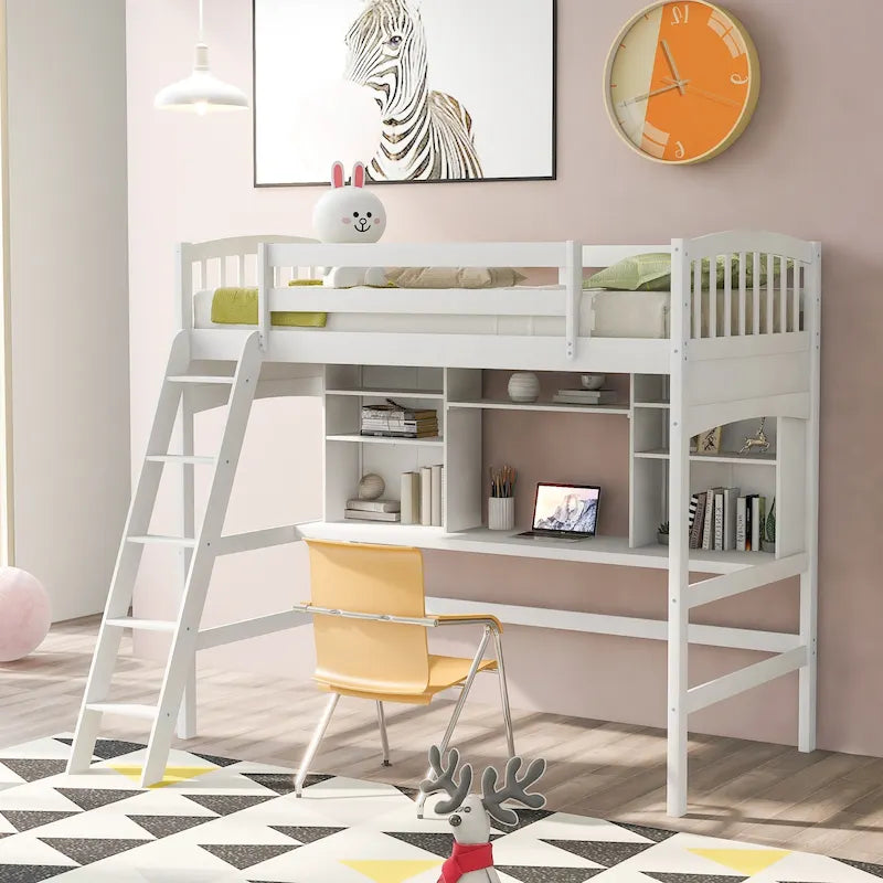 Lit mezzanine avec étagères de rangement, bureau et échelle