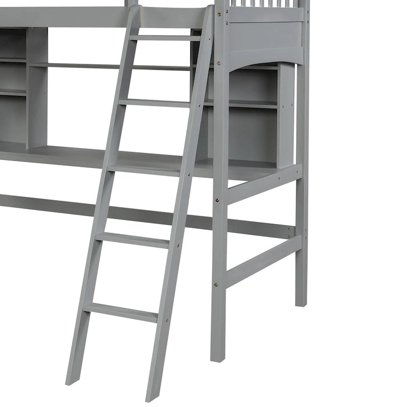 Lit mezzanine avec étagères de rangement, bureau et échelle