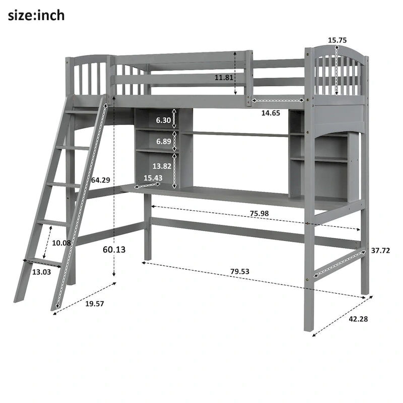 Lit mezzanine avec étagères de rangement, bureau et échelle