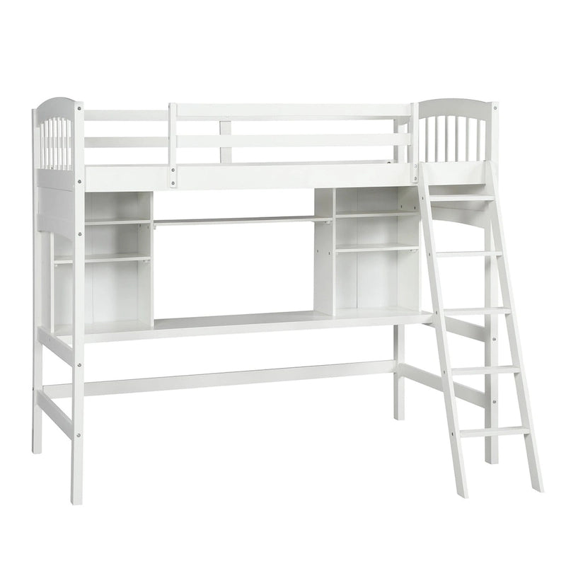 Lit mezzanine avec étagères de rangement, bureau et échelle