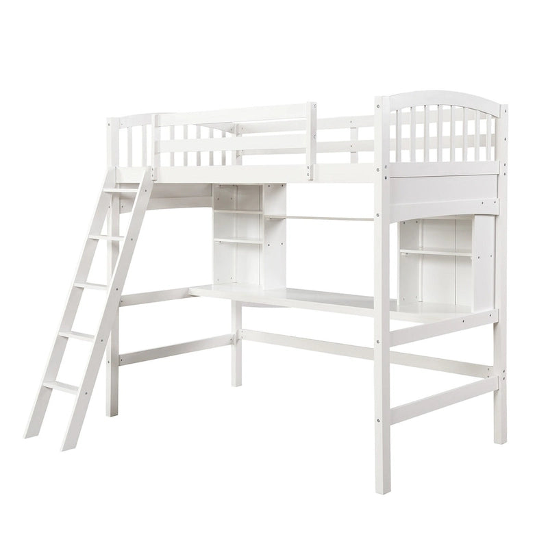 Lit mezzanine avec étagères de rangement, bureau et échelle