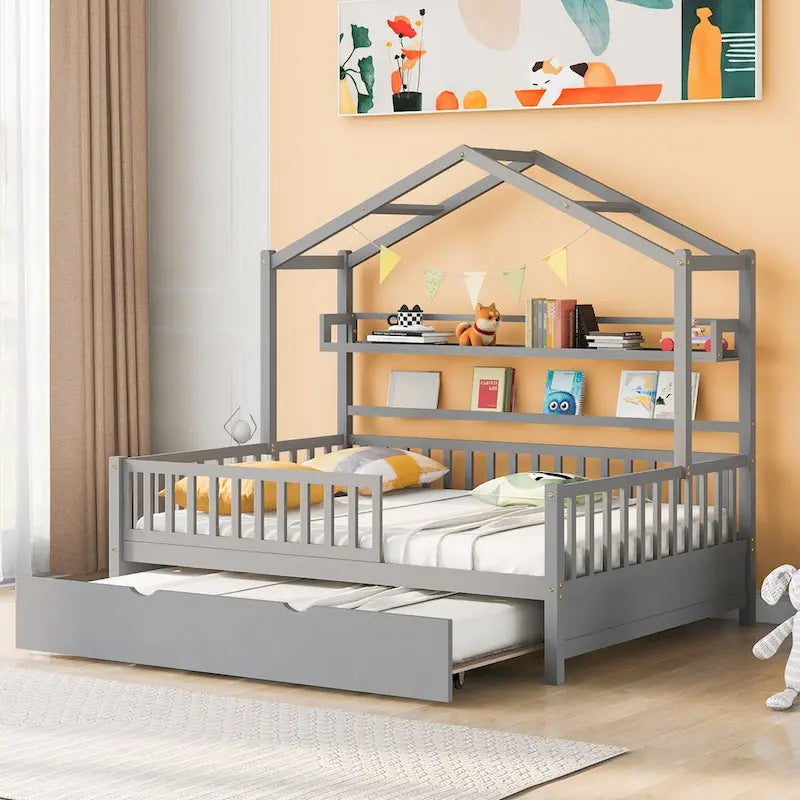Lit cabane créatif en bois de taille double avec lit gigogne double et étagère de rangement, lit avec garde-corps pleine longueur pour enfants et adolescents