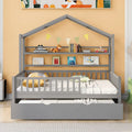 Lit cabane créatif en bois de taille double avec lit gigogne double et étagère de rangement, lit avec garde-corps pleine longueur pour enfants et adolescents