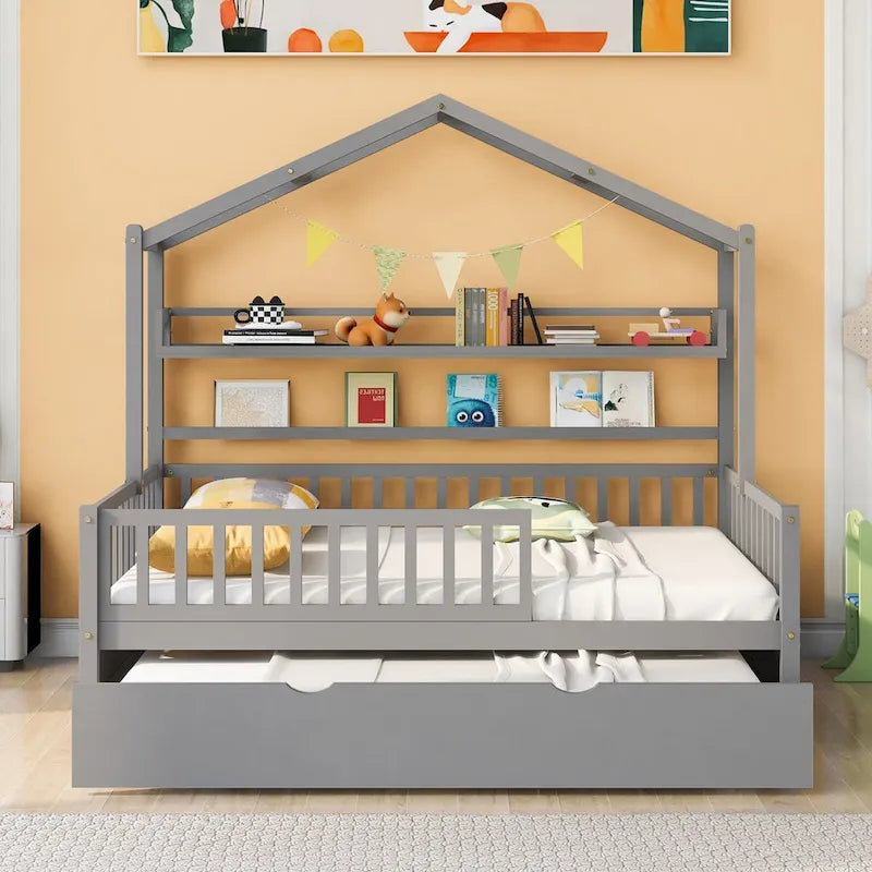 Lit cabane créatif en bois de taille double avec lit gigogne double et étagère de rangement, lit avec garde-corps pleine longueur pour enfants et adolescents