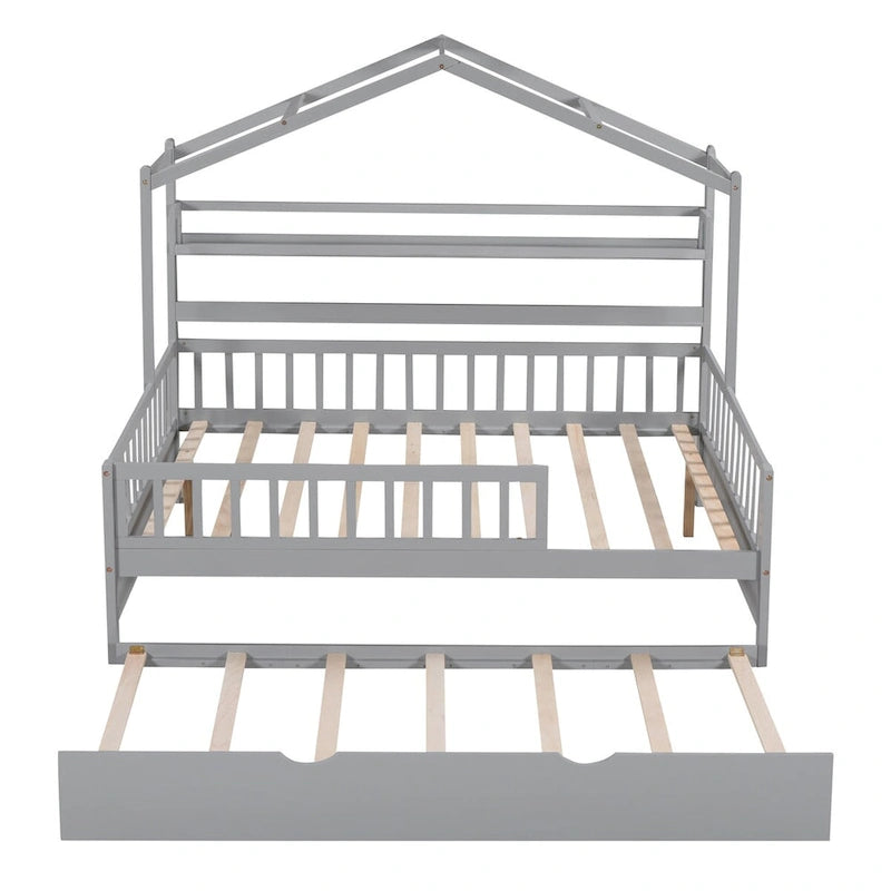 Lit cabane créatif en bois de taille double avec lit gigogne double et étagère de rangement, lit avec garde-corps pleine longueur pour enfants et adolescents