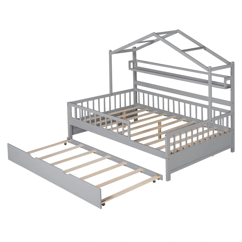 Lit cabane créatif en bois de taille double avec lit gigogne double et étagère de rangement, lit avec garde-corps pleine longueur pour enfants et adolescents