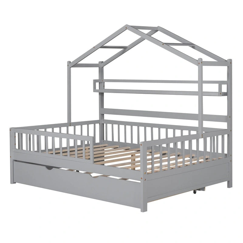 Lit cabane créatif en bois de taille double avec lit gigogne double et étagère de rangement, lit avec garde-corps pleine longueur pour enfants et adolescents