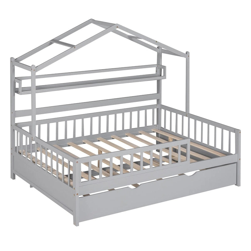 Lit cabane créatif en bois de taille double avec lit gigogne double et étagère de rangement, lit avec garde-corps pleine longueur pour enfants et adolescents